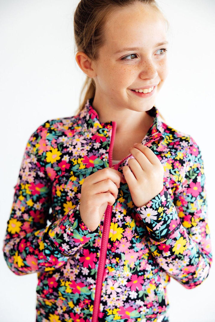 Girls Flexible Floral Full-Zip Ruffle Active Jacket