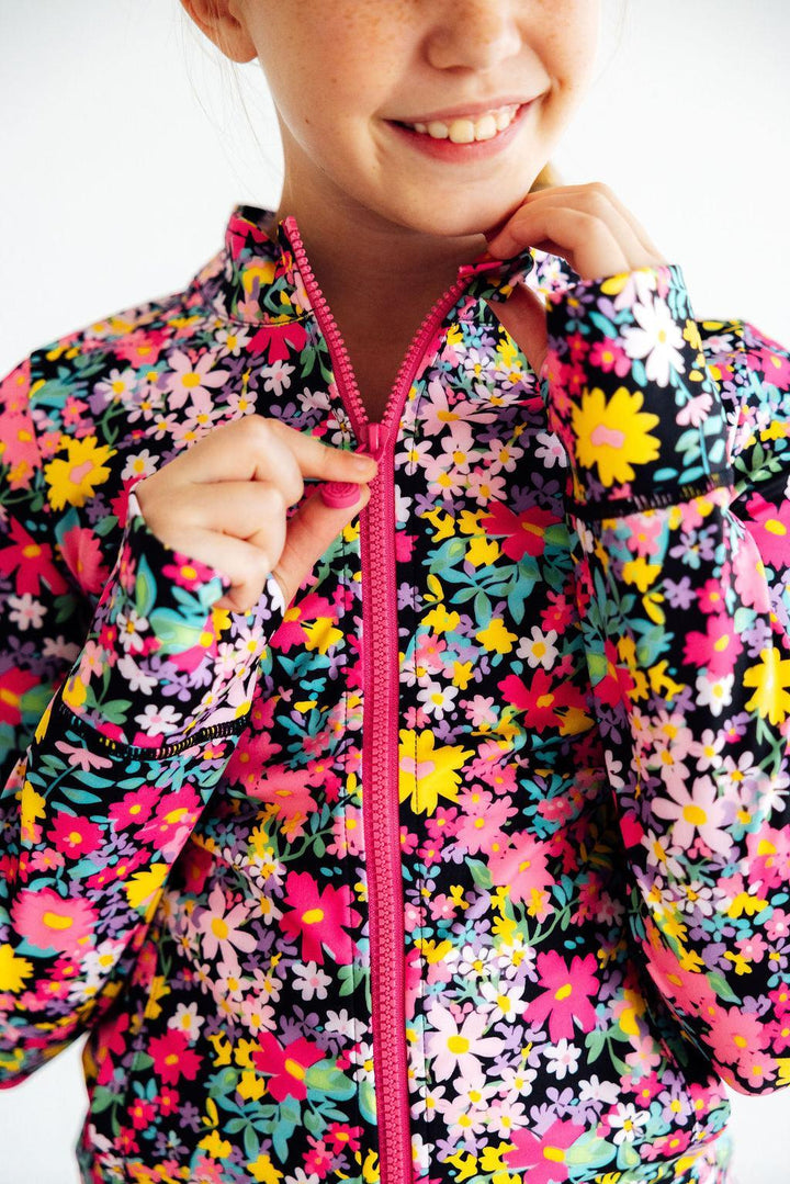 Girls Flexible Floral Full-Zip Ruffle Active Jacket