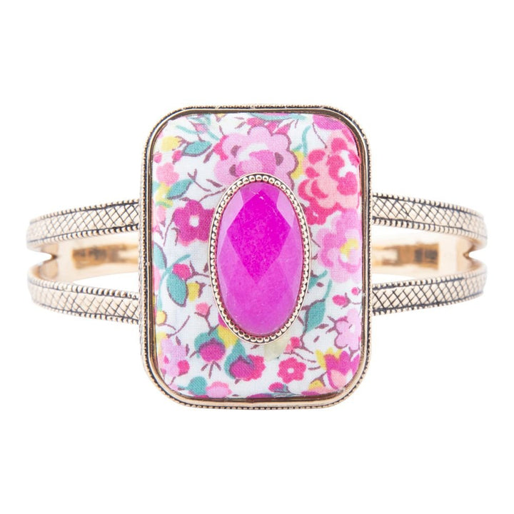 Pink Agate Stacked Stone Floral Cuff Bracelet