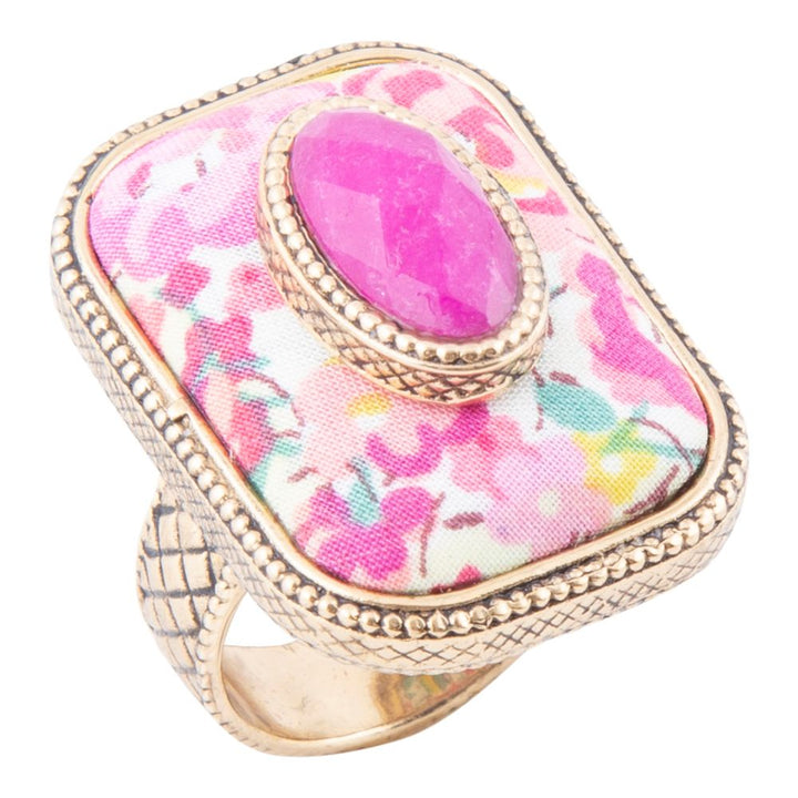Pink Agate Stacked Stone Floral Golden Statement Ring