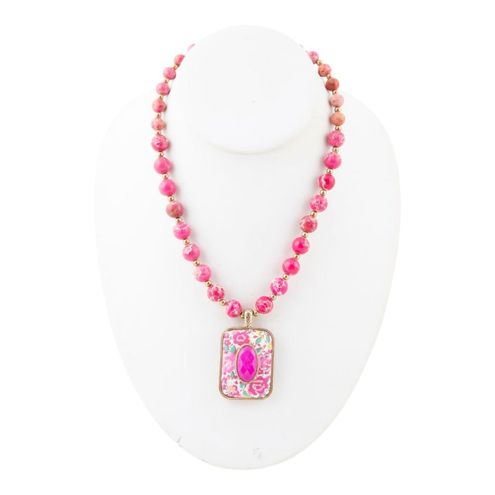 Pink Agate Stacked Stone Floral Pendant Necklace
