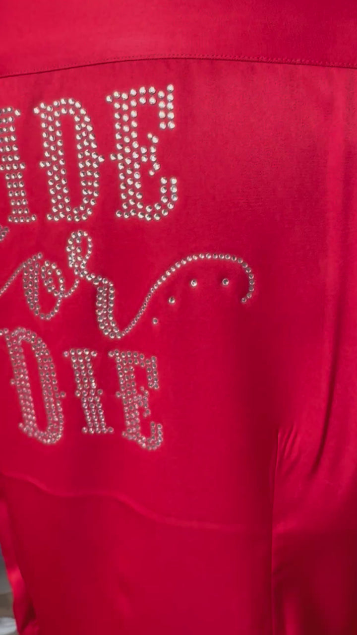 Ride Or Die Rhinestone Cotton Blend Button Up Rodeo Shirt -Red