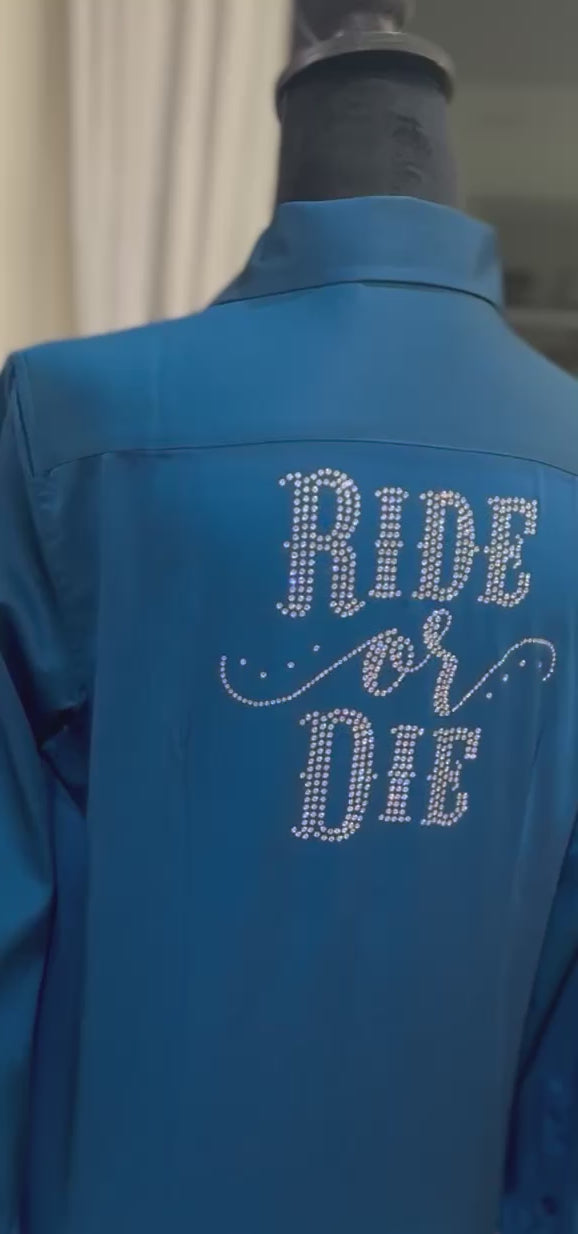 Ride Or Die Rhinestone Cotton Blend Button Up Rodeo Shirt -Peacock Blue