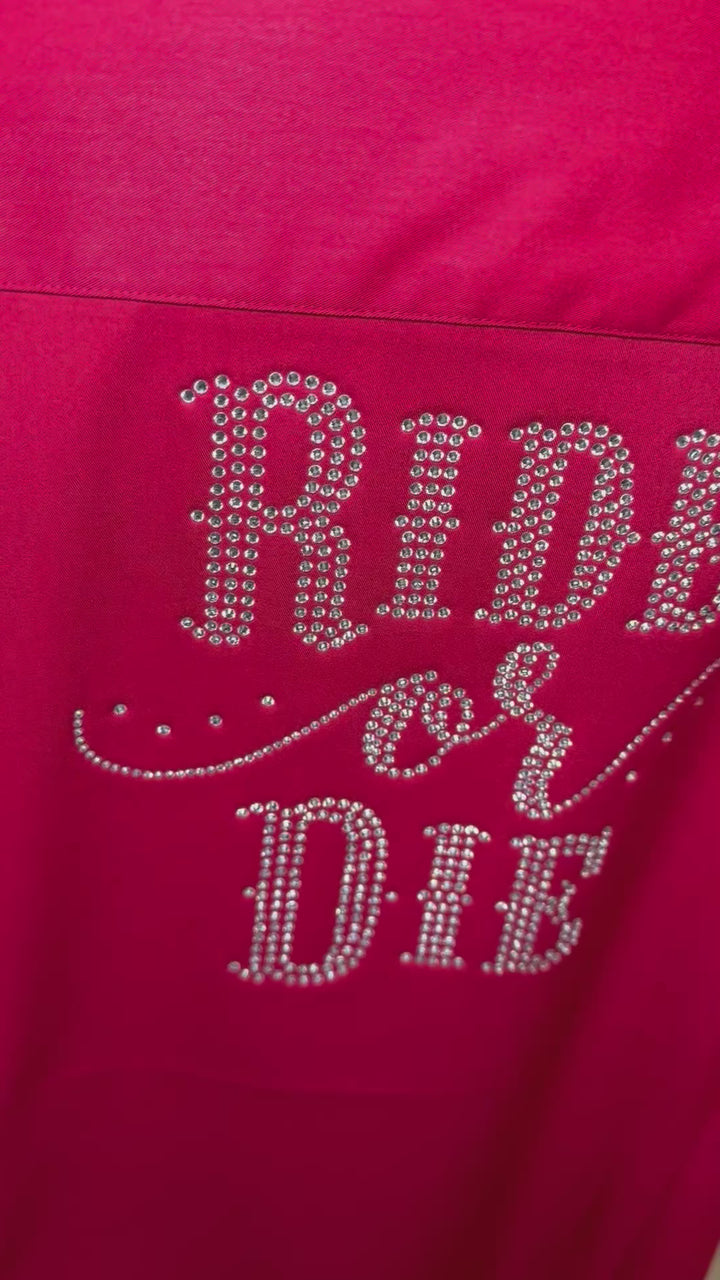 Ride Or Die Rhinestone Cotton Blend Button Up Rodeo Shirt -Red