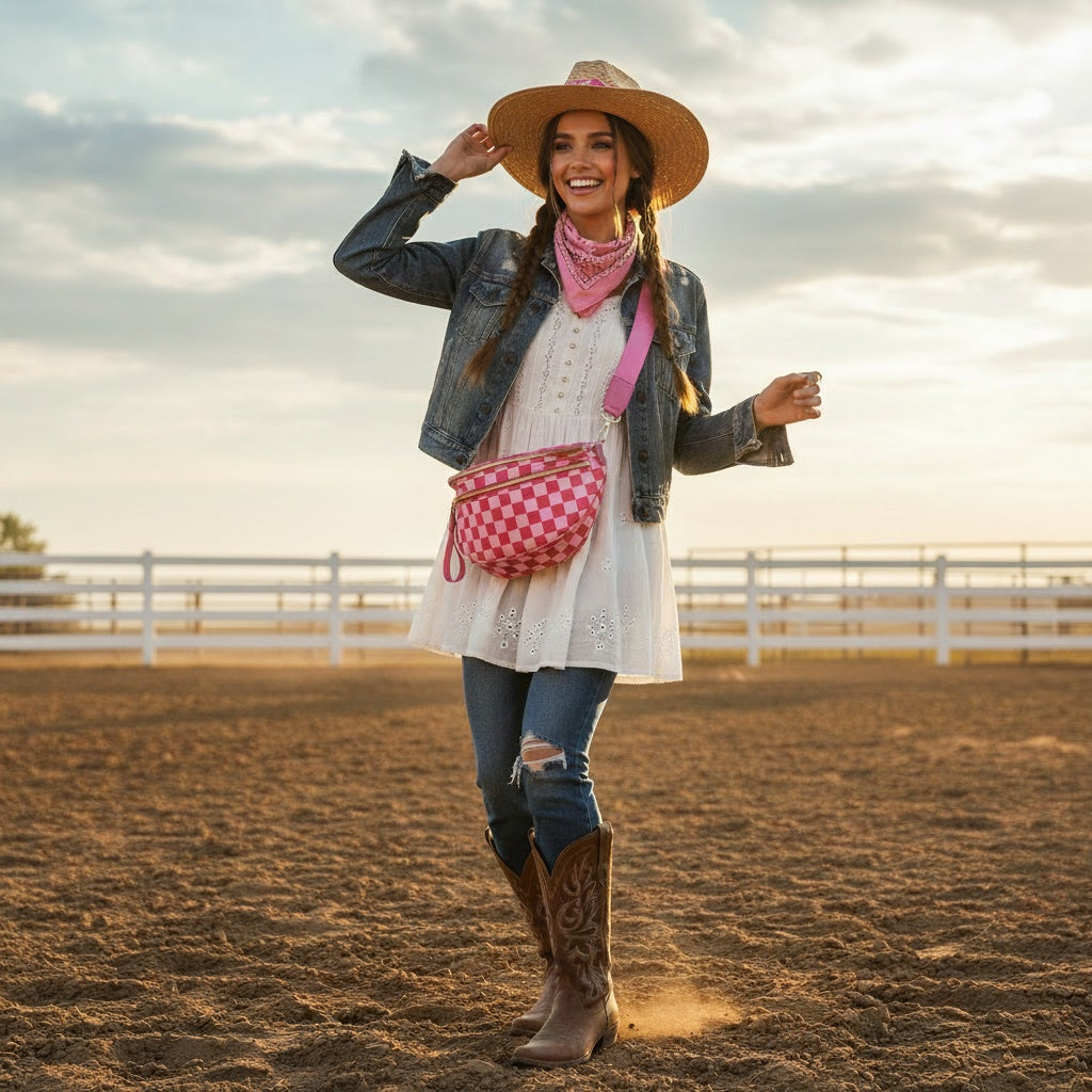 Pink Check Buckle Bunny Crossbody Crescent Bag Neon Spur