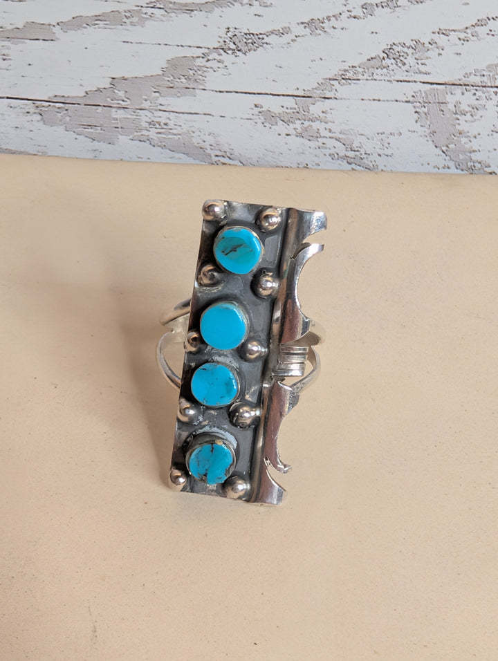 Handcrafted Kingman Turquoise Four Stone Sterling Silver Statement Ring Size 7 Nizhoni Traders LLC