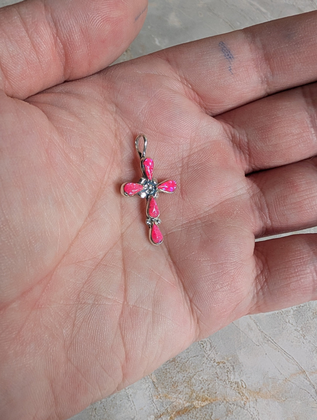 Handcrafted Hot Pink Fire Opal Sterling Silver Cross Pendant Nizhoni Traders LLC