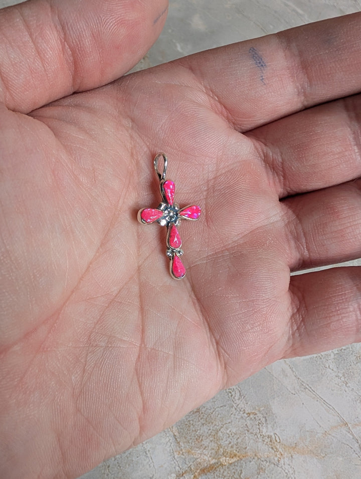 Handcrafted Hot Pink Fire Opal Sterling Silver Cross Pendant Nizhoni Traders LLC