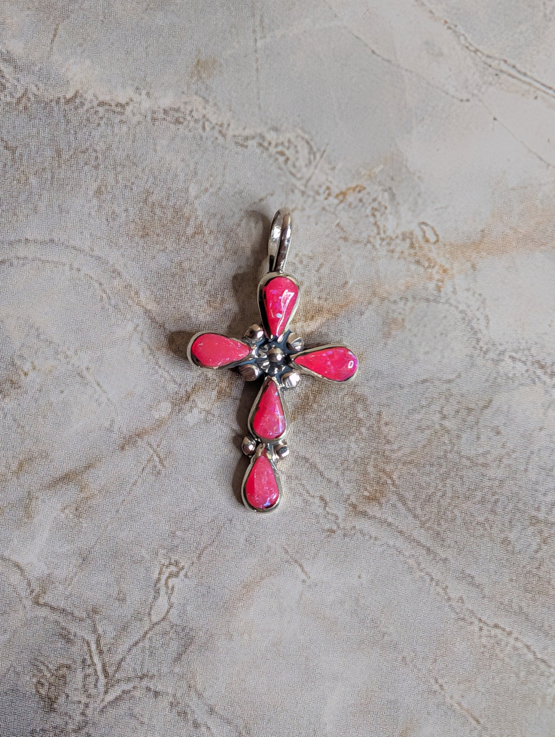 Handcrafted Hot Pink Fire Opal Sterling Silver Cross Pendant Nizhoni Traders LLC