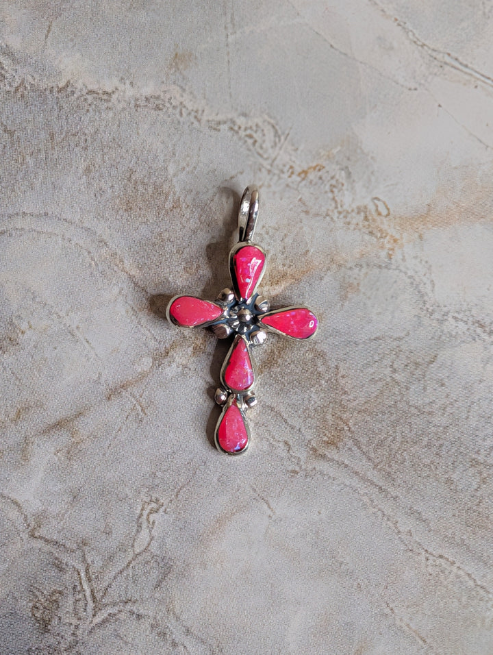 Handcrafted Hot Pink Fire Opal Sterling Silver Cross Pendant Nizhoni Traders LLC