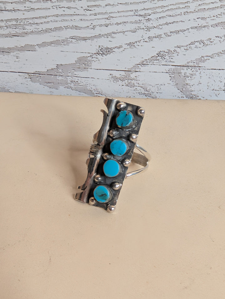 Handcrafted Kingman Turquoise Four Stone Sterling Silver Statement Ring Size 7 Nizhoni Traders LLC
