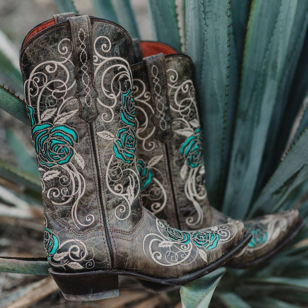 Turquoise Rose Inlayed Women's Cowgirl Boots