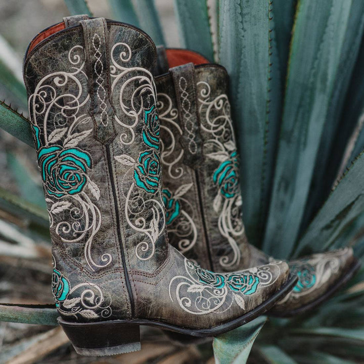 Turquoise Rose Inlayed Women's Cowgirl Boots