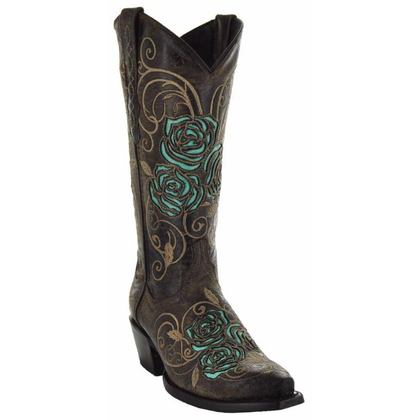 Turquoise Rose Inlayed Women's Cowgirl Boots