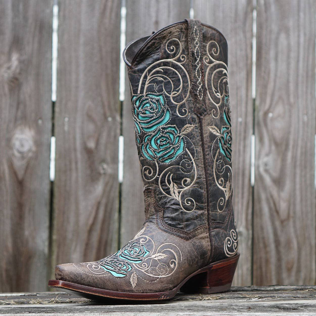 Turquoise Rose Inlayed Women's Cowgirl Boots