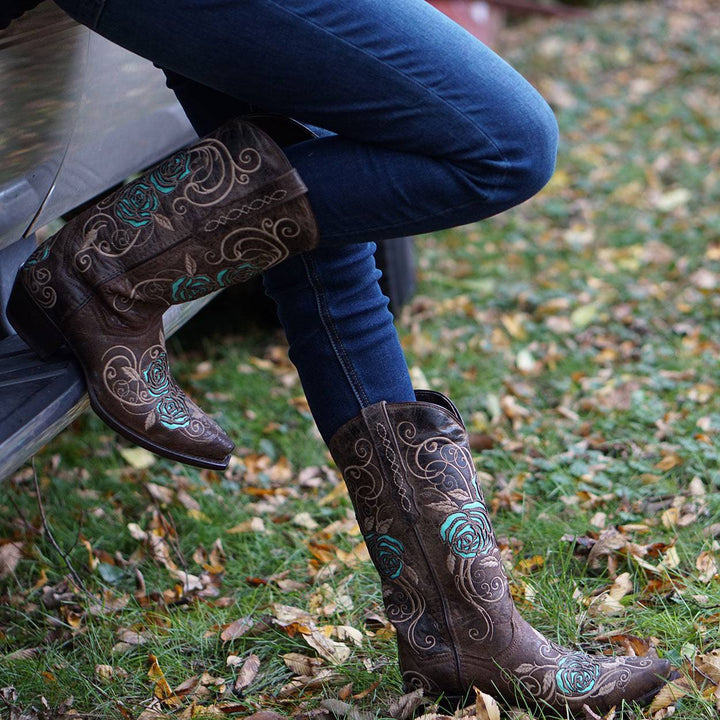 Turquoise Rose Inlayed Women's Cowgirl Boots