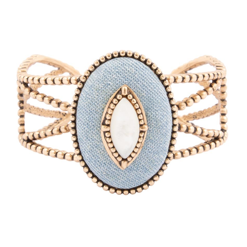 Blue Denim Dreams White Mother of Pearl Golden Cuff Bracelet