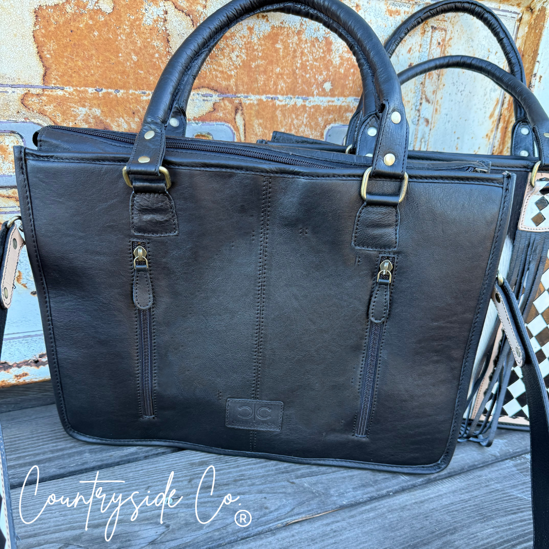 Tinsley Checkered Leather Cowhide Conceal Carry Tote, Computer Bag