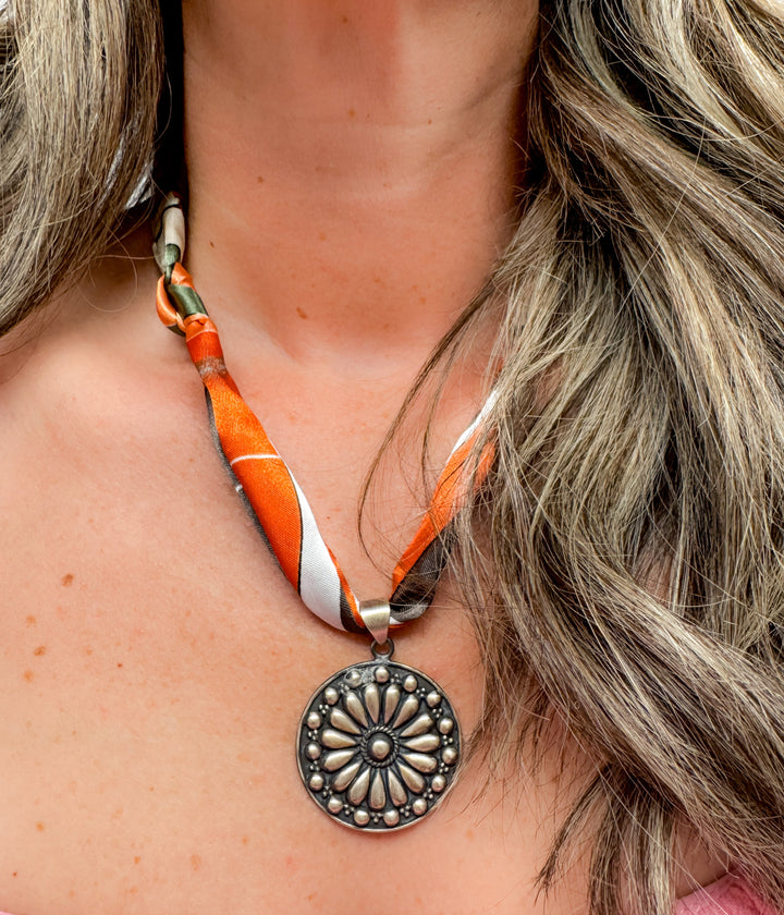 Medallion Pendant on Silk Scarf Necklace